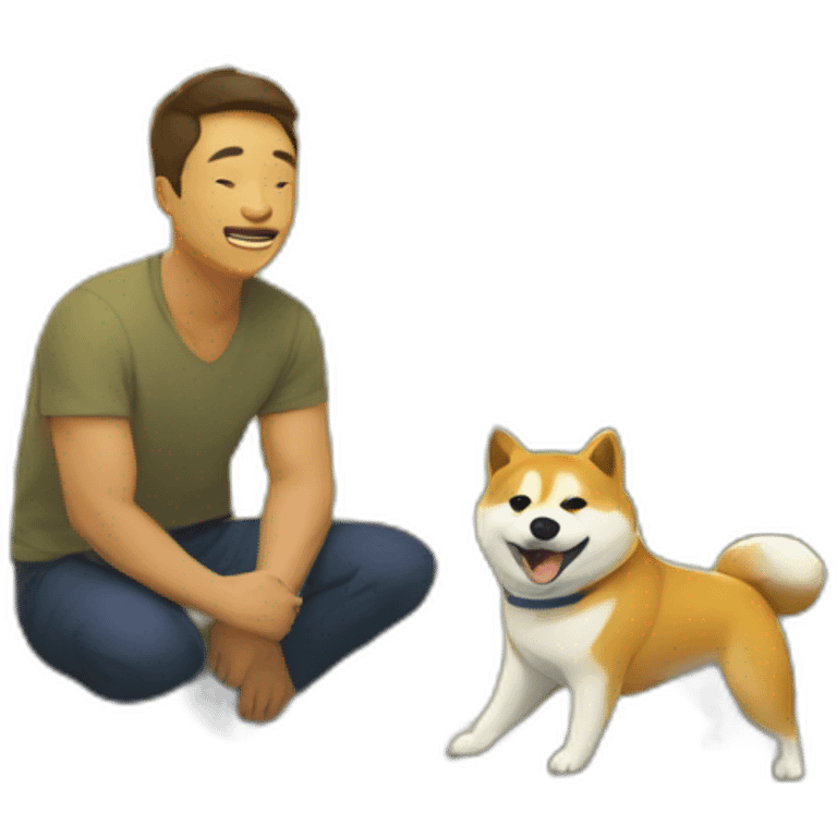 On a sunny day, a man squats by a stream, accompanied by a loyal Shiba Inu. emoji