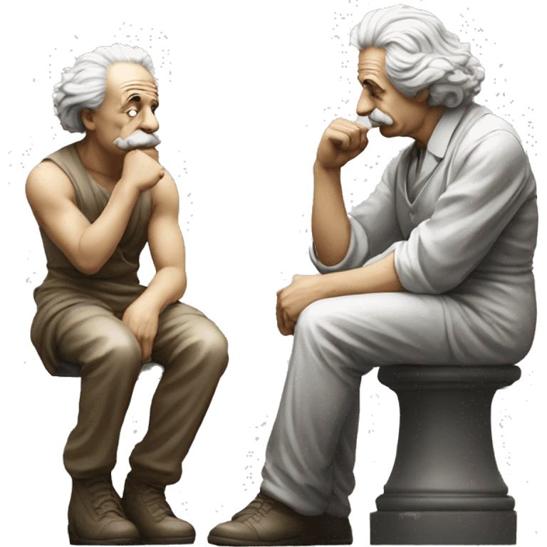 sitting philosopher-statue as albert einstein and thinking lean on fist emoji