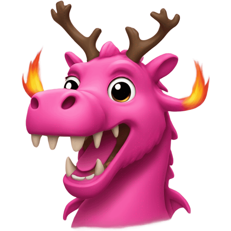 Pink dragon with a brown beard and moose antlers blowing fire from its mouth emoji