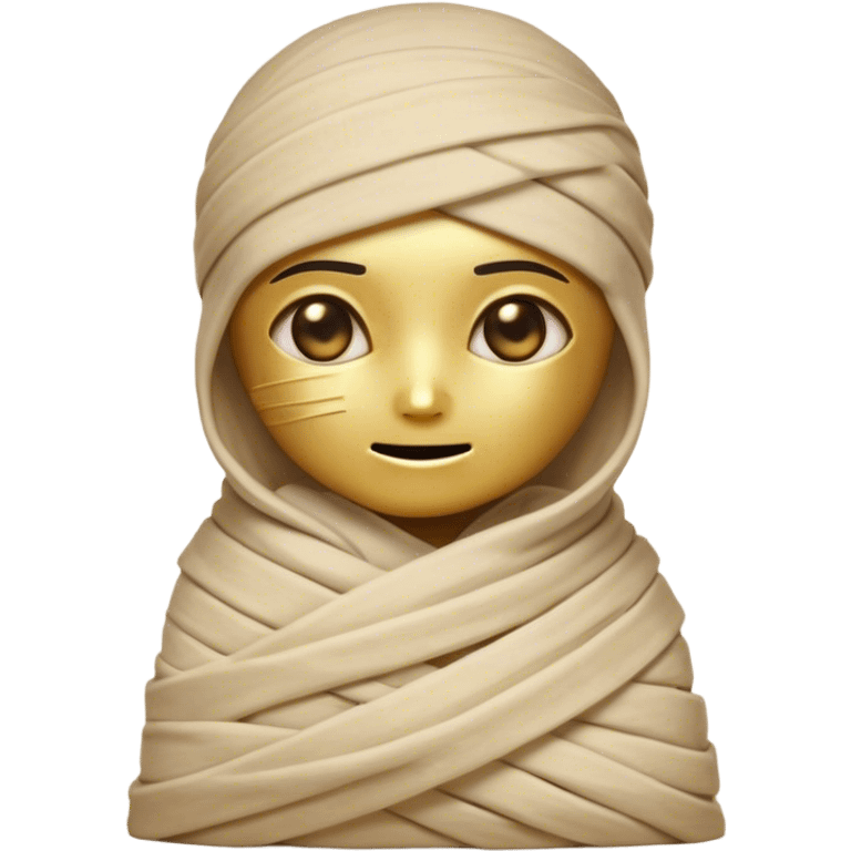 Cinematic Cute Mummy Portrait Emoji, with a delightfully charming, slightly clumsy bandaged form in warm faded tones and subtle hints of gold, featuring wide, curious eyes peeking from the wrappings and a sweet, innocent smile, simplified yet adorably detailed, glowing with a soft, ancient warmth and a gentle outline that captures the playful spirit of an ancient mummy! emoji