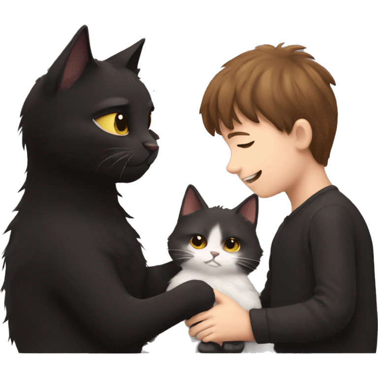 Fluffy Black cat being cuddled by brown haired boy emoji