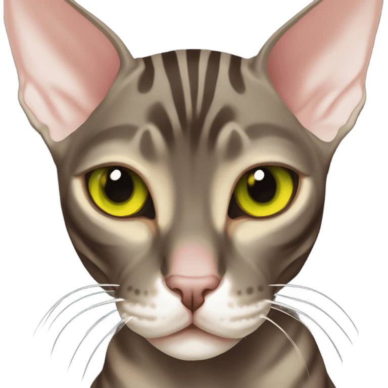 Dark Brown tabby sphynx stripes yellow green eyes emoji