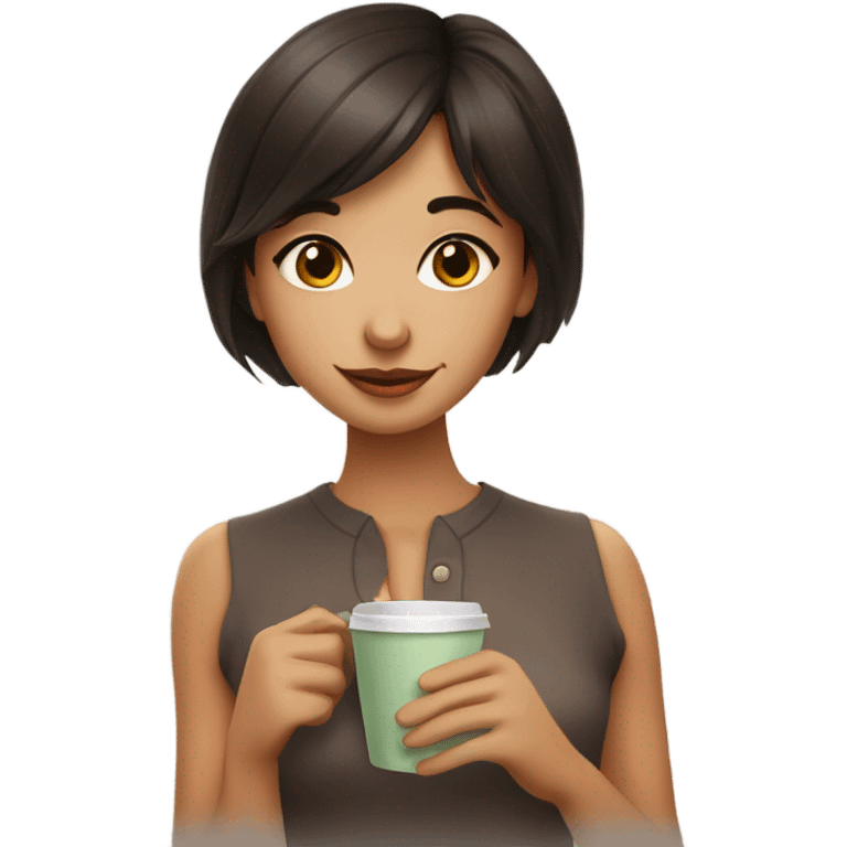 clean girl dark brown hair with a cute bang drink coffee emoji