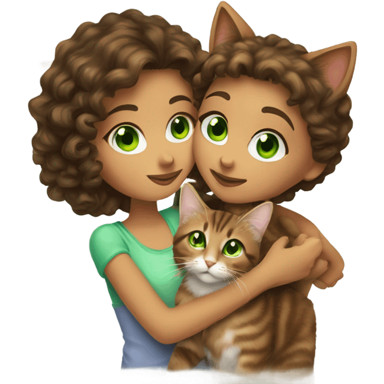 Girl with curly brown hair and hazel eyes kissing a brown tabby cat with green eyes emoji