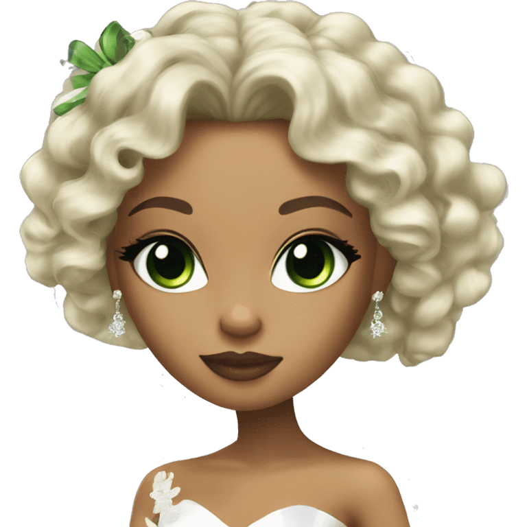 Bratz, bride, black curly long hair, olive skin, green almond cat eyes emoji