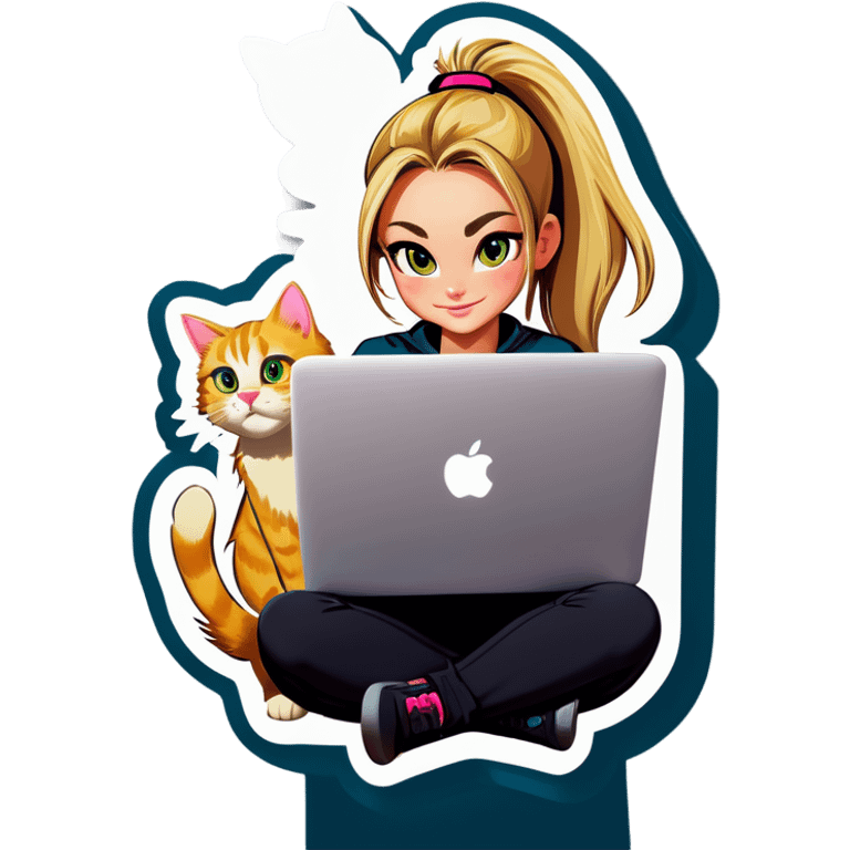 Blonde girl ponytail macBook and a cat emoji