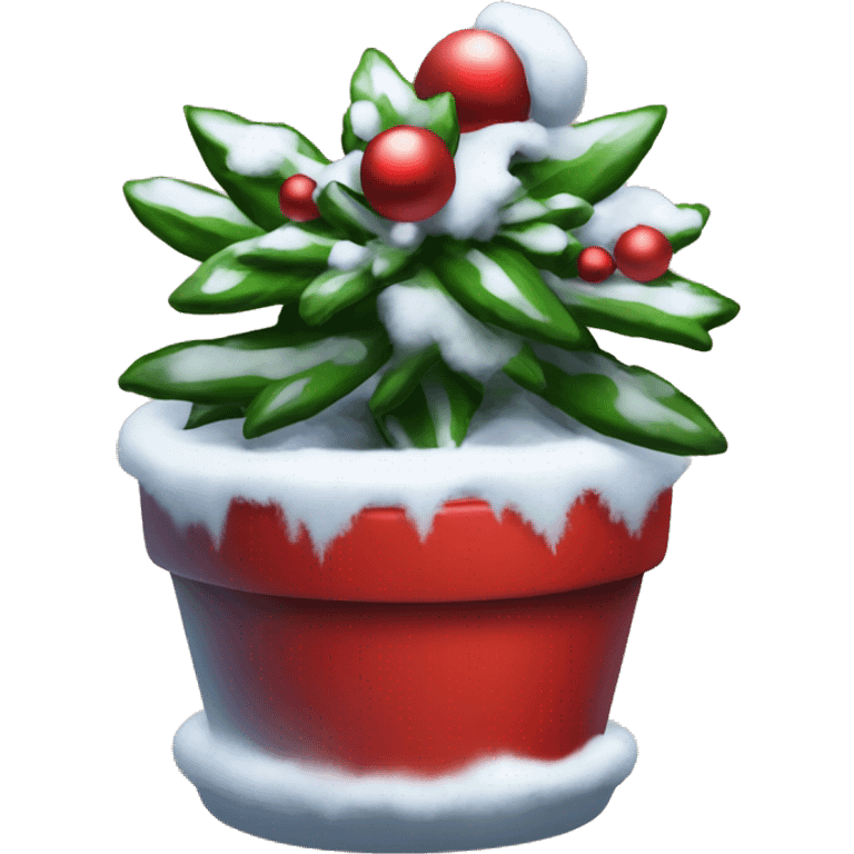 snowy winter plant decoreated with christmas ornaments in a red pot emoji