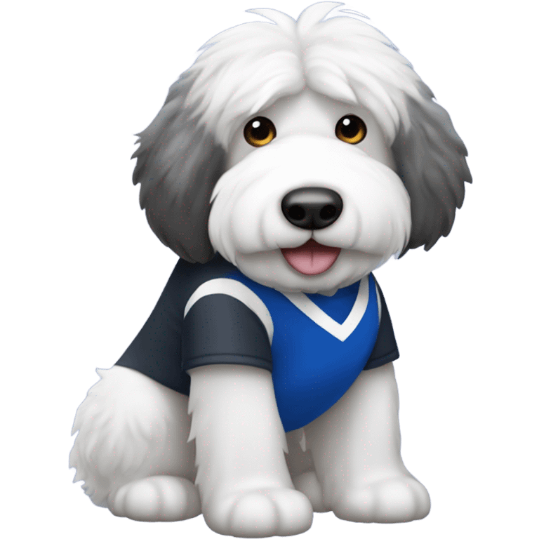 Salt and pepper Old English sheepdog wearing a dodgers shirt  emoji