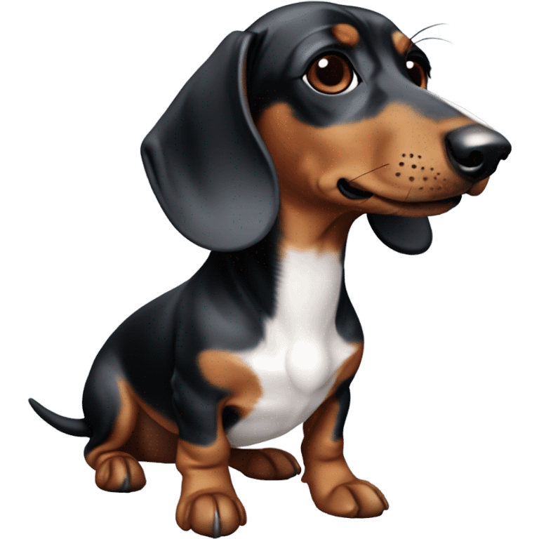 a dachshund, features a smooth coat with a white body patterned with dark brown patches and a brown head shaded with darker tones.  one blue eye emoji