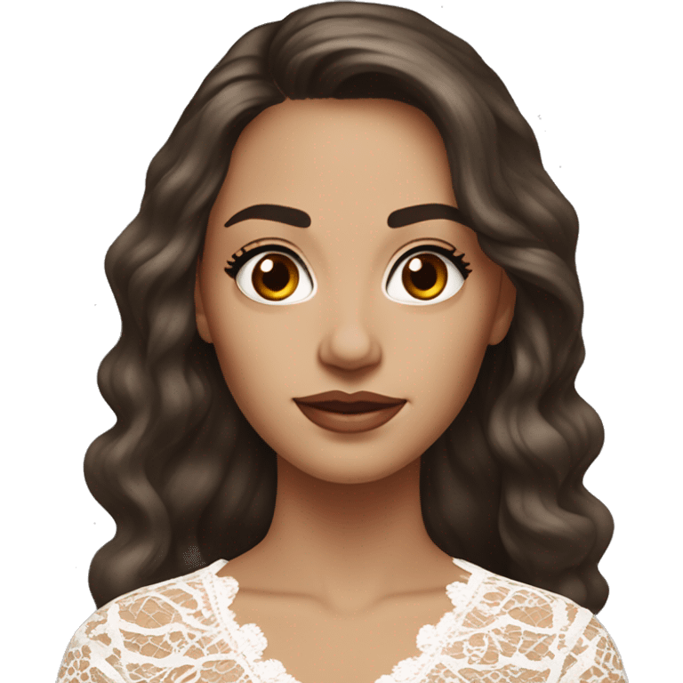 hyper realism Adult woman with brown eyes, light tanned skin, long wavy dark brown hair, wearing a white lace dress, thin eyebrows emoji