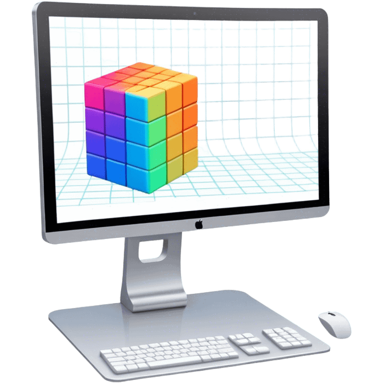 Create an emoji for 3D visualization and modeling. Show a 3D cube or object with grid lines and a modeling tool (e.g., a mouse or stylus) on big curved monitor. Use modern, professional colors. Do not include any emojis or smiley faces. Make the background transparent. emoji