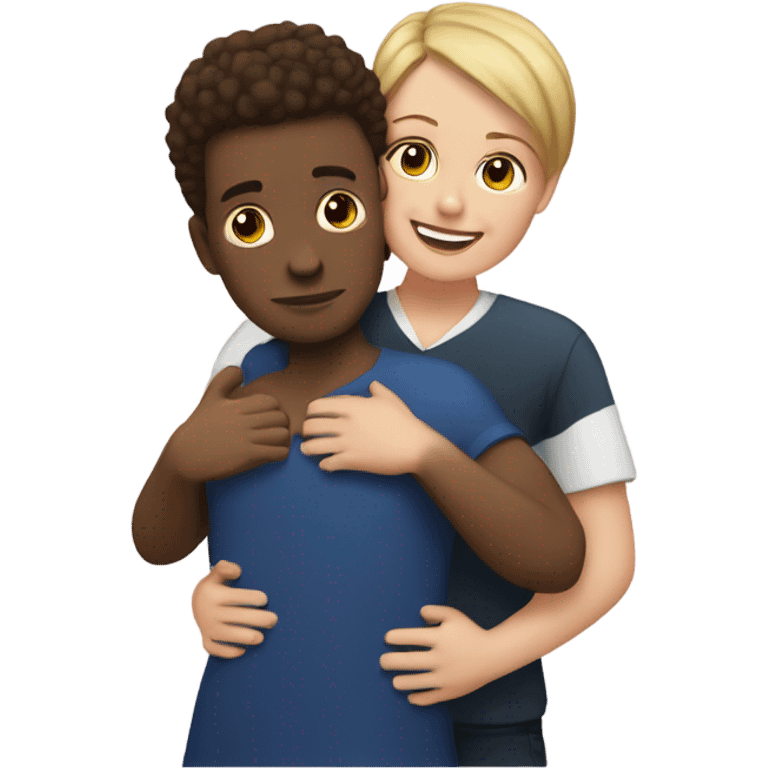 black man with short hair hugging brunette short white woman emoji