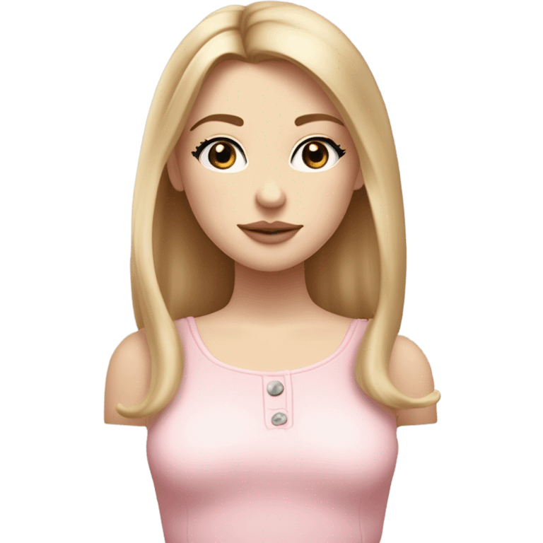 Girl with dirty blonde, straight hair medium length past shoulders , blue/grey eyes with semi long lashes, pale but not albino, freckles mostly on and around the nose, button nose, not thick but not thin lips with a small cupids bow shape, facing front on with shoulders and up wearing a light pink coquette  emoji