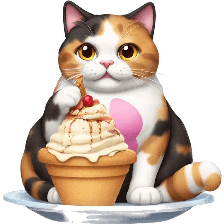 Fat calico cat with sundae emoji