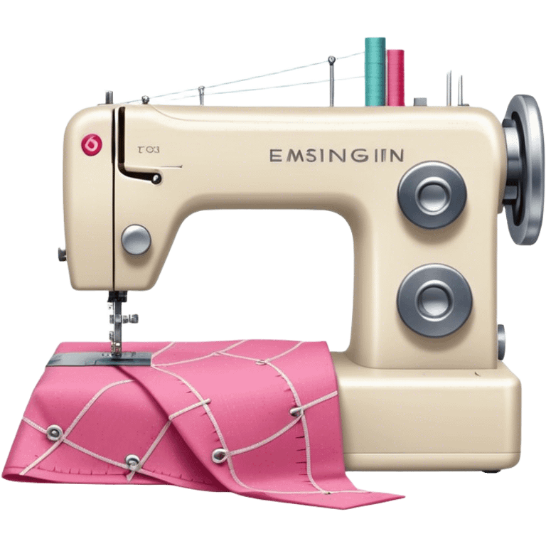 Sewing icon, measuring tape, pins, scissors, and a dress in progress, sewing machine with thread, visible needle, spools of thread, fabric pieces cut according to patterns, minimalistic style, clean lines, transparent background. emoji