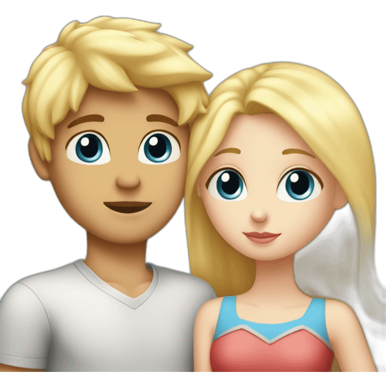 A blond boy with blue eyes who kisses a pretty blonde girl with blues eyes,  with a heart above their heads  emoji