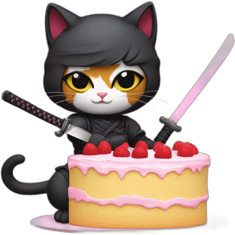 Ninja cat cuts a cake with a katana emoji