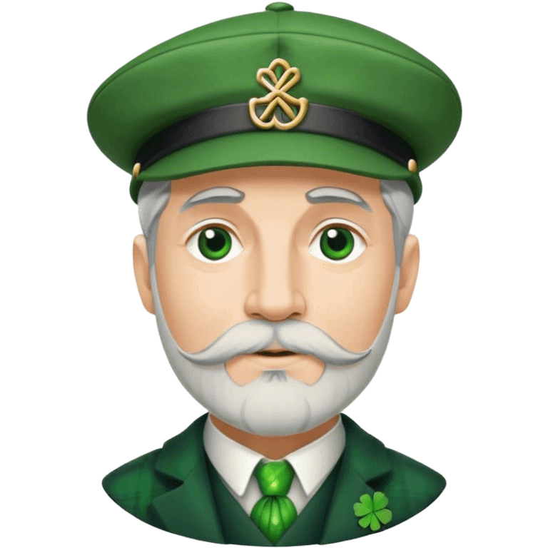 Tall grey haired man with goatee wearing a green peaky hat and kilt st. Patrick’s Day emoji