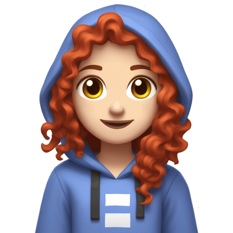 a white girl with long red curly hair and freckles, wearing periwinkle Minecraft hoodie playing a videogame smiling emoji