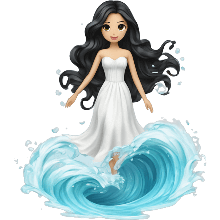 Pretty young Lady doll posing posed pose with long black hair flowers in hair white dress surrounded by flowing water water swirls waves emoji