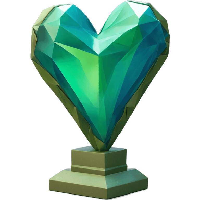 A blue-green heart sculpture with a geometric, faceted design. The heart is standing upright with angular and romantic vine features. The vibrant green colors highlights the sharp edges and planes. emoji