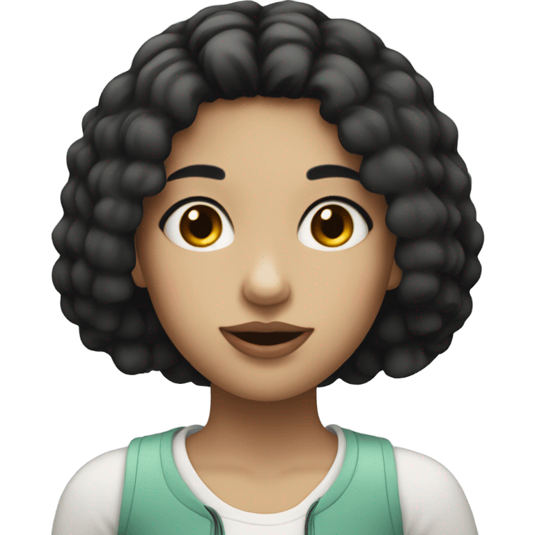 Girl with short black hair, white skin and brown eyes and she drinking a emoji