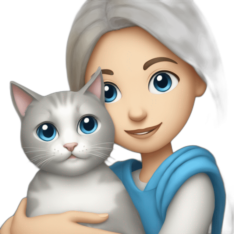 light gray, blue eyed cat cuddles turkish girl emoji