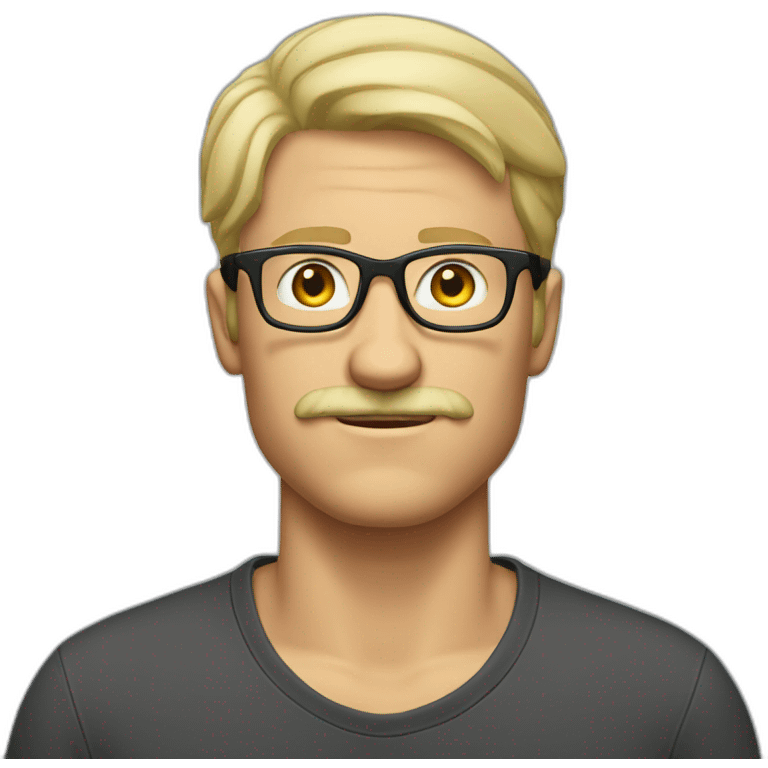 tall blonde man with glasses and mustache and tshirt emoji