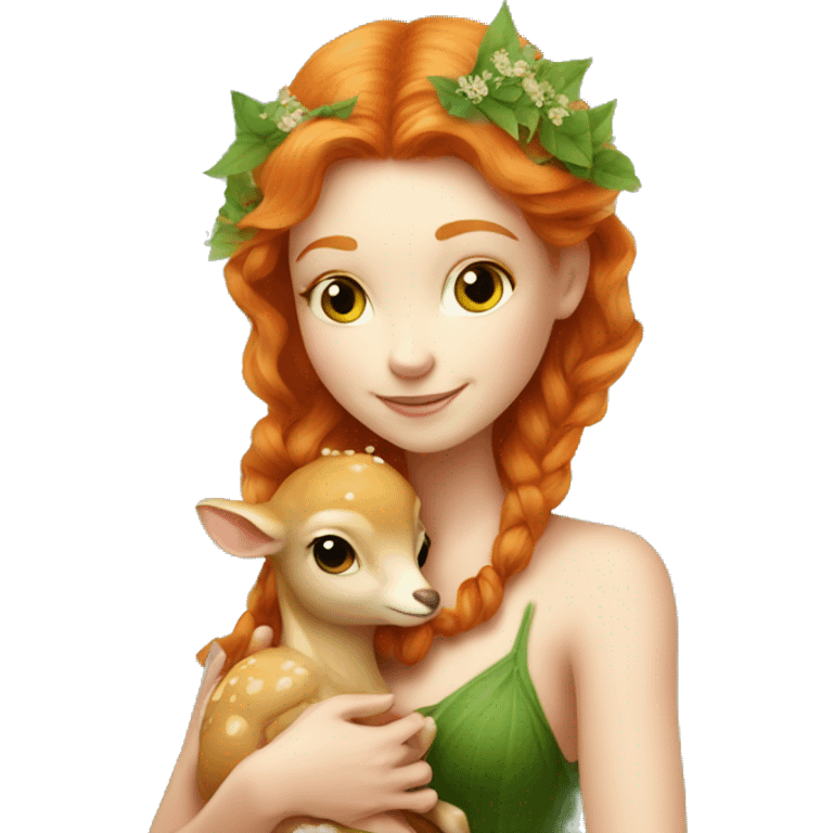 Beautiful ginger fairy with a baby fawn  emoji