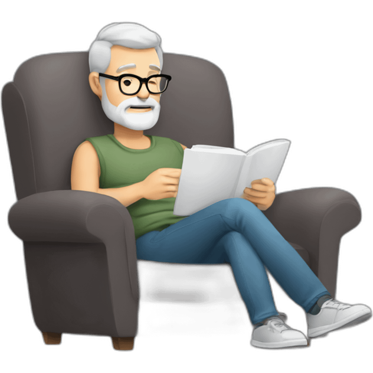 Gray Bearded 50 years old  man, glasses, perspective armchair, Reading at home, drinking a coffee, relax emoji