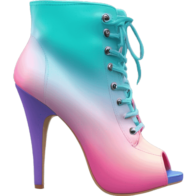 Realistic isolated top view of a pair of bubblegum pink,periwinkle,dark teal,and pastel pink ombre peep toe high heel ankle bootie boots. emoji