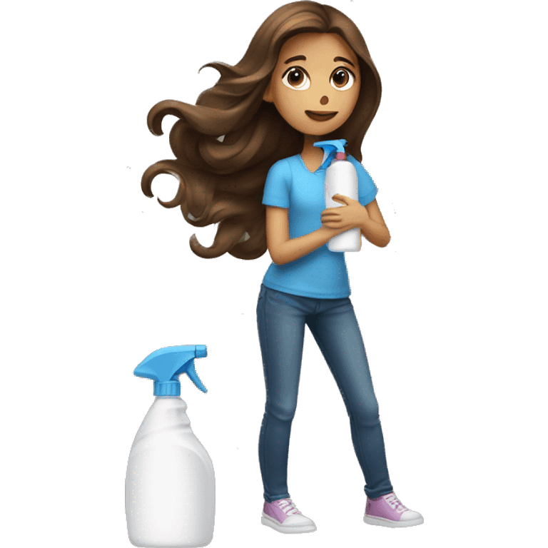 Girl with long brown hair with cleaning spray bottle emoji