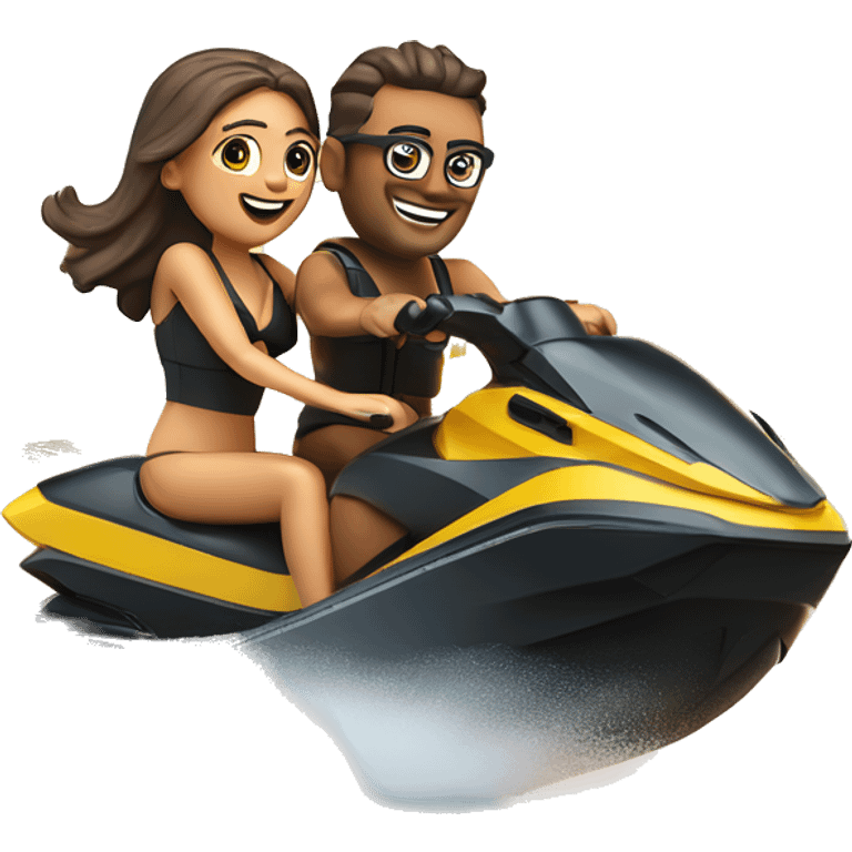 Um casal em cima de um jetski, numa praia, por do sol  emoji