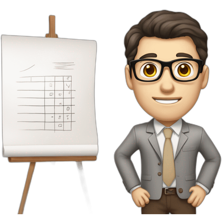 Pale skinned fit man with dark brown hair in gray jacket, beige office shirt, brown tie, brown pants and vintage glasses Writing on the flipchart emoji