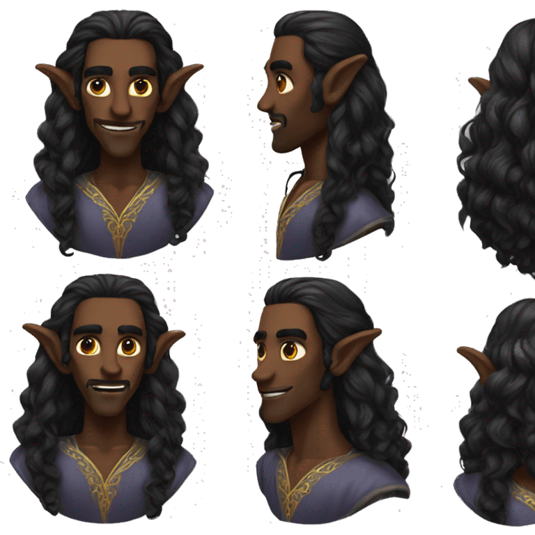  A black male high elf that is a witch fortune teller that has large, pointed ears with long black curly hair past his back emoji