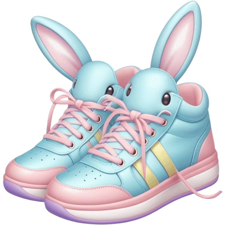 Cute Kawaii Shoe, small and bouncy, soft pastel sneakers with glowing highlights, cute sparkling eyes, a happy cheerful expression, laces tied like bunny ears! emoji