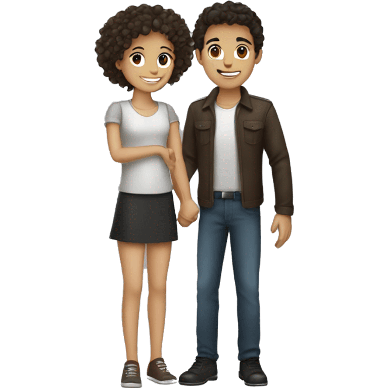 Two persons shake hands, curly dark hair boy and ponytail dark brown hair girl  emoji