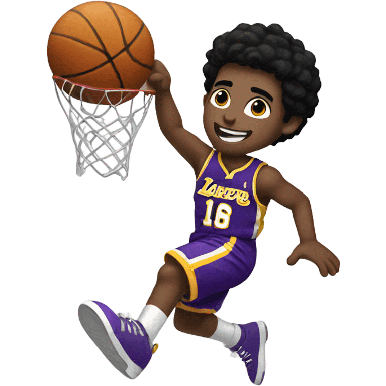 smiling boy with black hair dunking in Lakers uniform  emoji