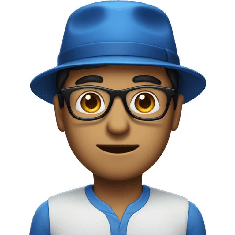 A man wearing a blue hat with 'P' on it and black glasses emoji