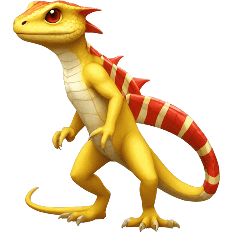 A Yellow Shiny Anthro-Scalie-Lizard-Reptile-Salamandrian-Fakémon with red stripes Full Body emoji