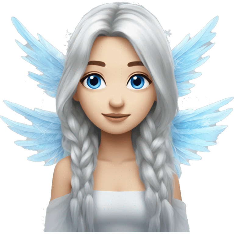 big wings, silver, feather, icy ,snowflake, Beautiful, fairy, long hair, blue eyes emoji