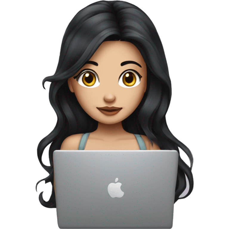 beautiful girl, with tattoos, with long black hair, wavy hair, chinese, with laptop emoji