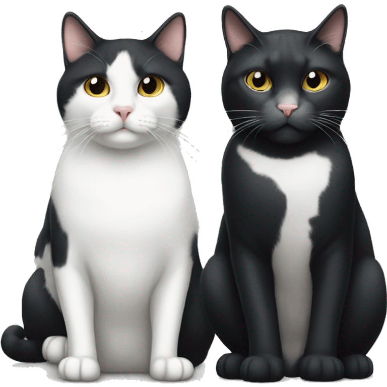 Large tuxedo cat with a spot on his nose and small white cat with grey spots sitting next to each other  emoji