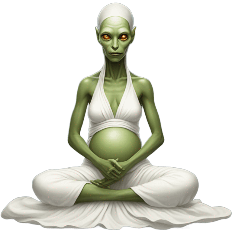 a Reptilian alien woman, pregnant, in meditation, white dress like a priestess emoji