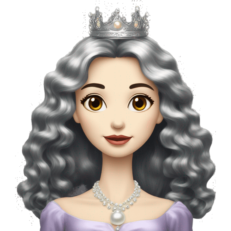 Regal pretty slender middle age woman photograph defined cheekbones high cheekbones crown vintage with very long iridescent black and silver hair wavy long hair pearl crown iridescent emoji