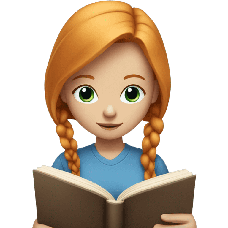 Ginger girl with straight hair and blue eyes reading book emoji