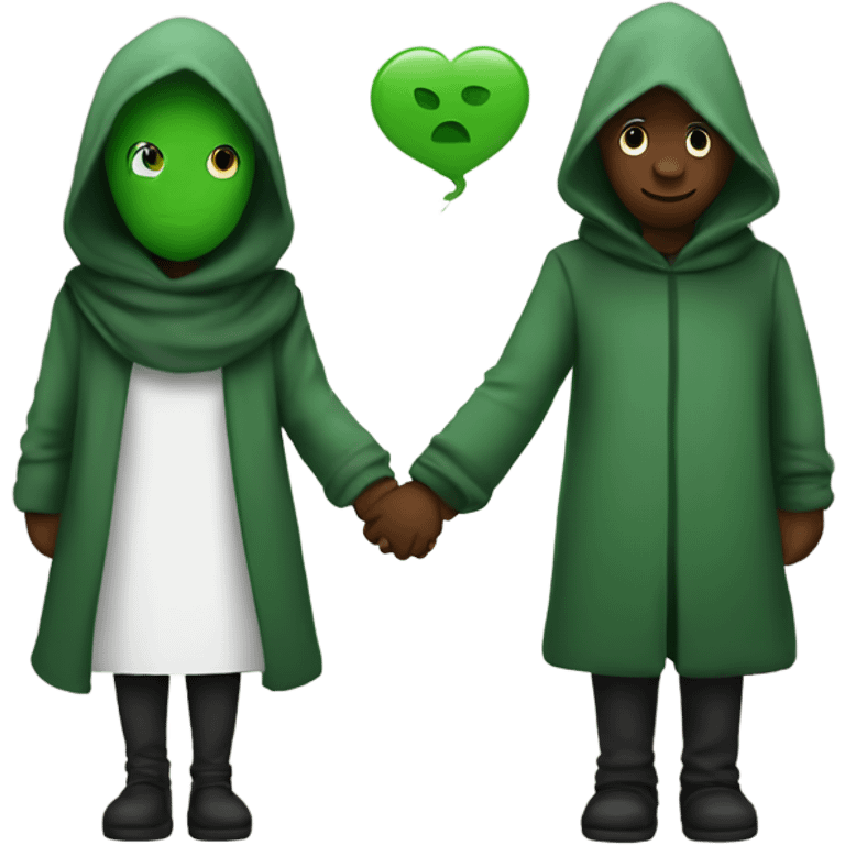 Hooded alian with green skin holding hands with a other person. 2 people in the picure emoji