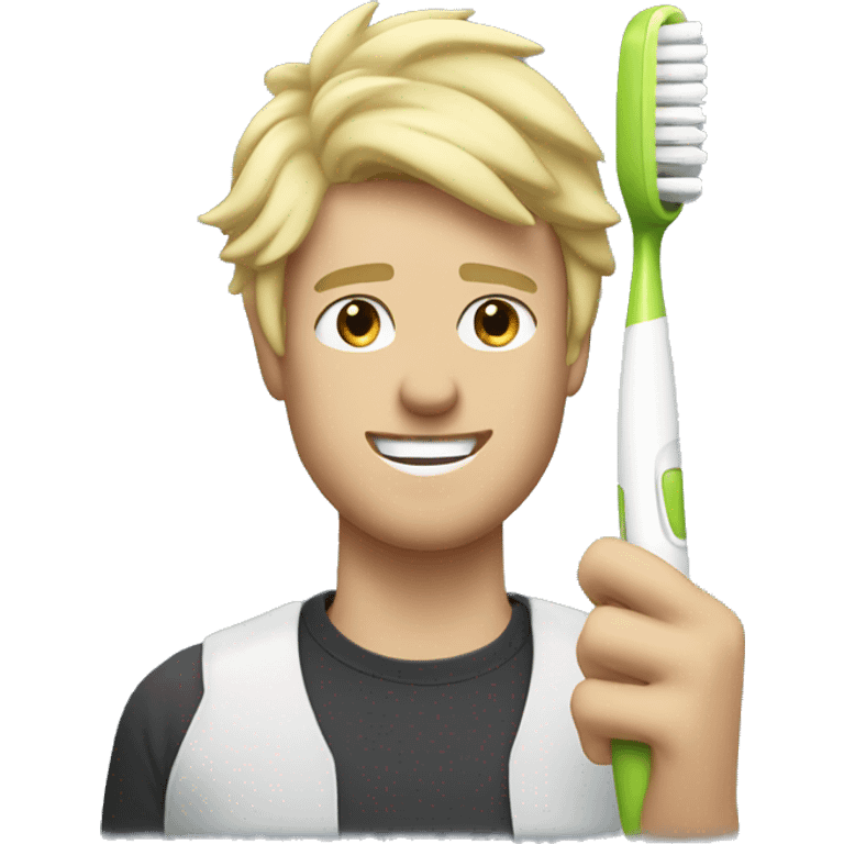 Blonde guy with edgar cut, holding a toothbrush like a microphone emoji