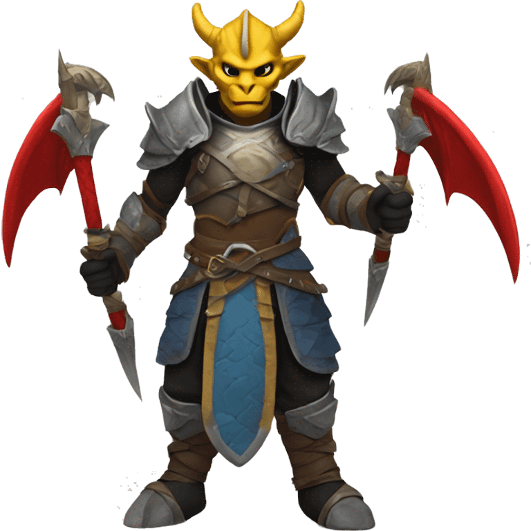     Tall Dragonborn fighter with twin swords  with red blades and yellow Handels and blue scales and black horns with red wings  emoji