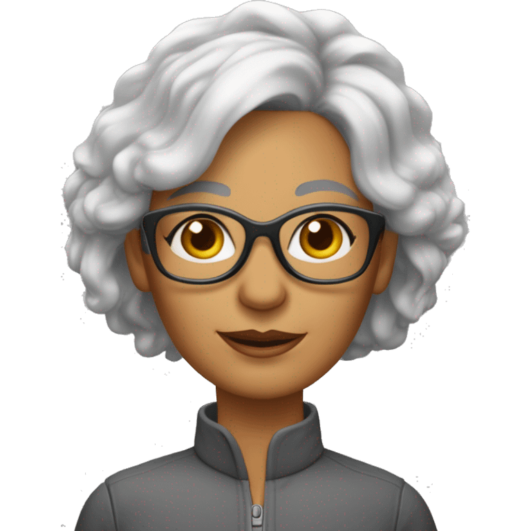 Femme de 55 ans avec cheveux gris blancs très court sans volume avec des lunettes de vue verres non teintés et pas très grande avec une corpulence maigre emoji